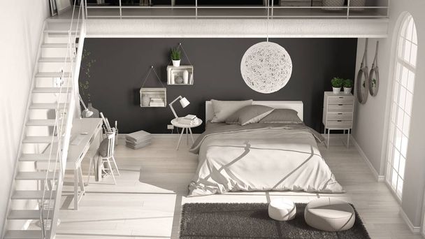 Скандальная белоснежная минималистская спальня на чердаке, вид сверху, c
 - Фото, изображение