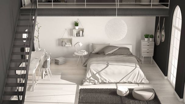 Minimalista skandináv fehér és szürke tetőtéri hálószobával, felülnézet, c - Fotó, kép
