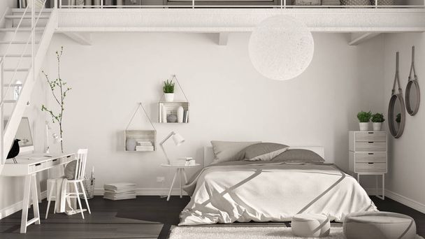 Escandinavo dormitorio loft minimalista con oficina en casa, clásico i
 - Foto, Imagen