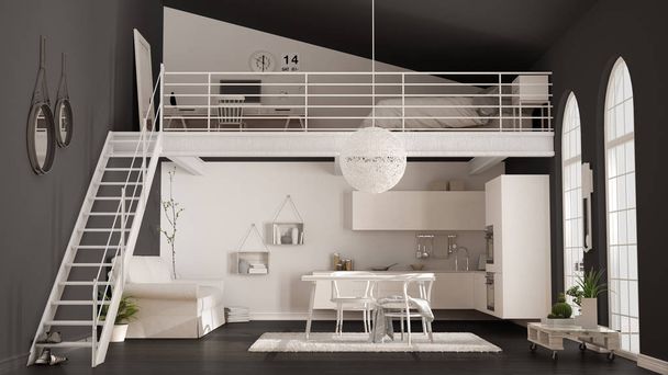 İskandinav minimalist çatı, tek odalı daire ile beyaz kitc - Fotoğraf, Görsel