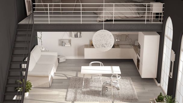 スカンジナビアのミニマルなロフト、白いキッチンと 1 部屋のアパート - 写真・画像