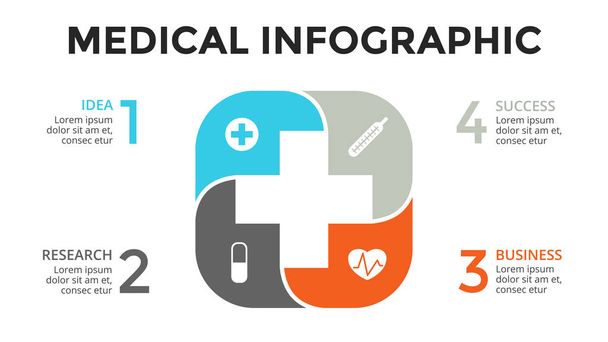 Vektor plus infografika, lékařské diagram, zdravotní graf, prezentace nemocnice, nouzové graf. Logo doktor medicíny. Zpracovává koncepce s 4 možnosti, díly, kroky,. - Vektor, obrázek