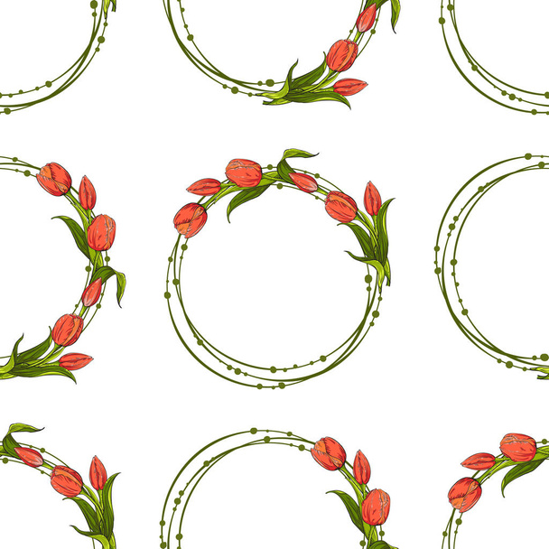 Seamless pattern with circles of tulips on white background - Vektor, kép