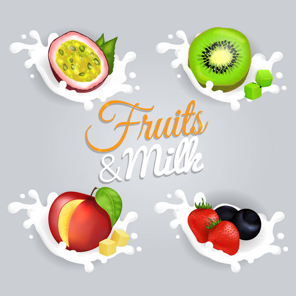 Spruzzi di frutta nel poster vettoriale colorato del latte
 - Vettoriali, immagini