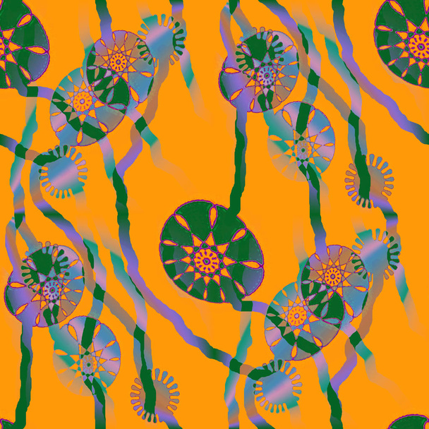 Seamless abstract floral pattern and wavy lines orange green blue purple - Photo, Image