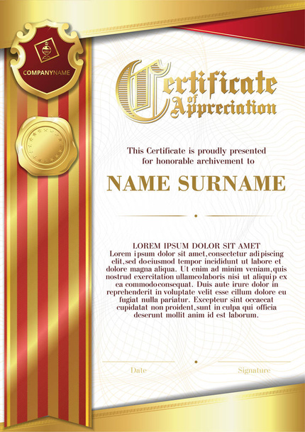 Šablona certifikátu z vděčnosti s dvěma zlatými odznaky a červenou a zlatou stuhou - Vektor, obrázek