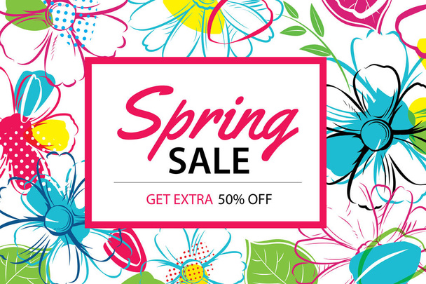 Spring sale poster template with colorful flower background.Can  - Vektor, kép