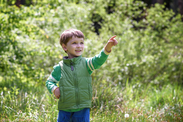 Five year old boy looking and pointing his finger at the strange tree. - Foto, Imagen