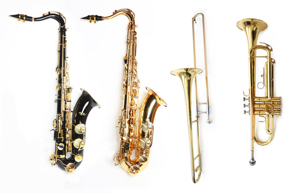 Black and Gold Tenor Saxophones, Trombone and Trumpet - Photo, Image