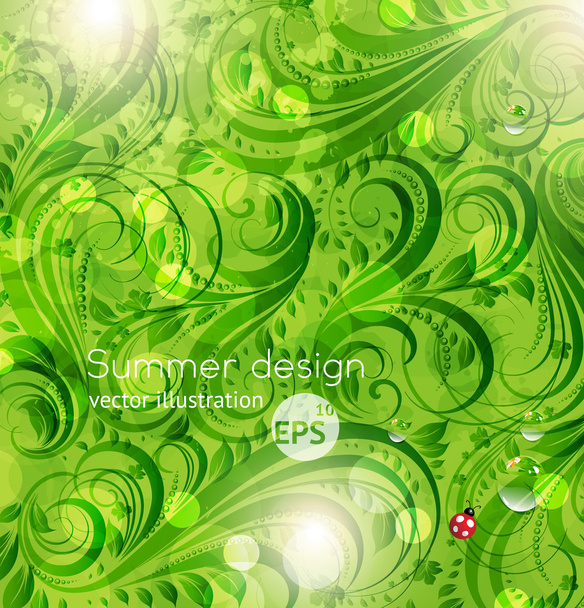Abstract bright summer vector floral background with flowers, ladybird and sun shine - Vector, Image