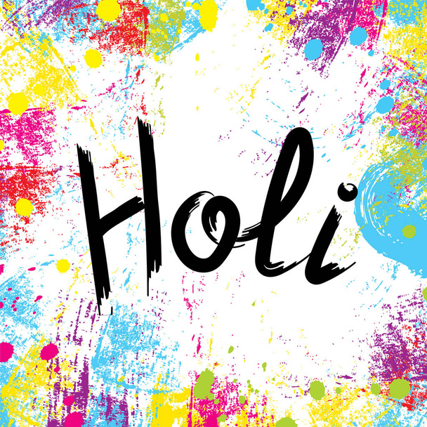 Bright poster with blots and splashes. Logo of the festival Holi. Vector illustration. - Vector, Imagen