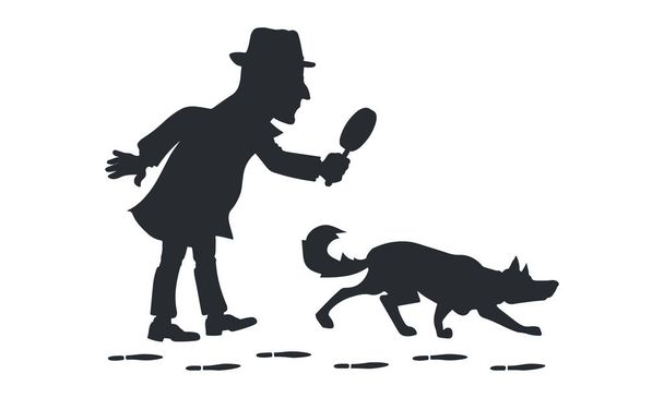 Detective con lupa y silueta de perro rastreador
 - Vector, imagen