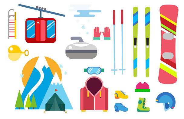 Wintersport Vektor Symbole Set Ski Snowboard Kleidung Werkzeug Elemente Helm Handschuh Stiefel Element Abbildung isolierte Ausrüstung extremen Lebensstil - Vektor, Bild