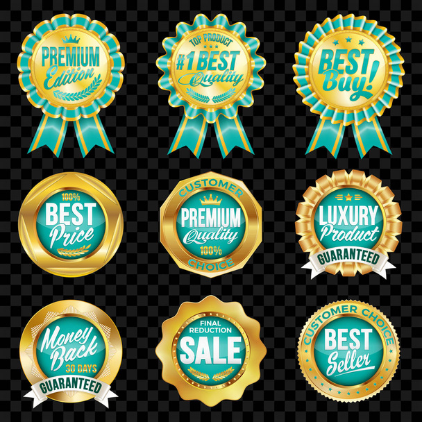 Set of excellent quality turquoise badges with gold border.  - Vector, Image