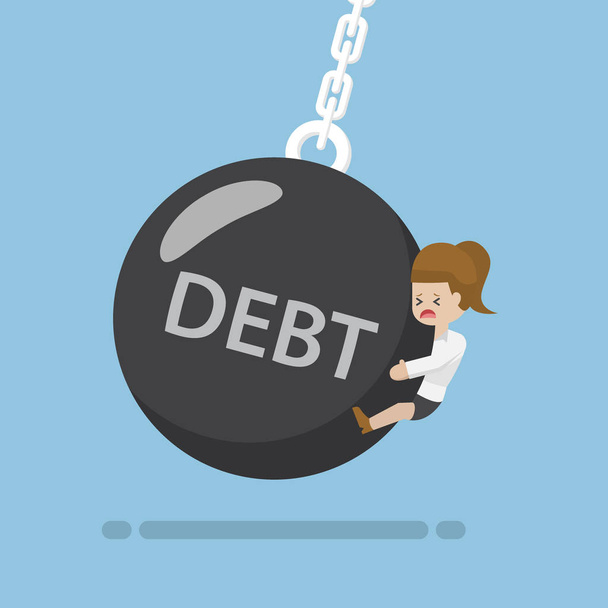 Businesswoman is Hit by Debt Wrecking Ball - Vector, Image
