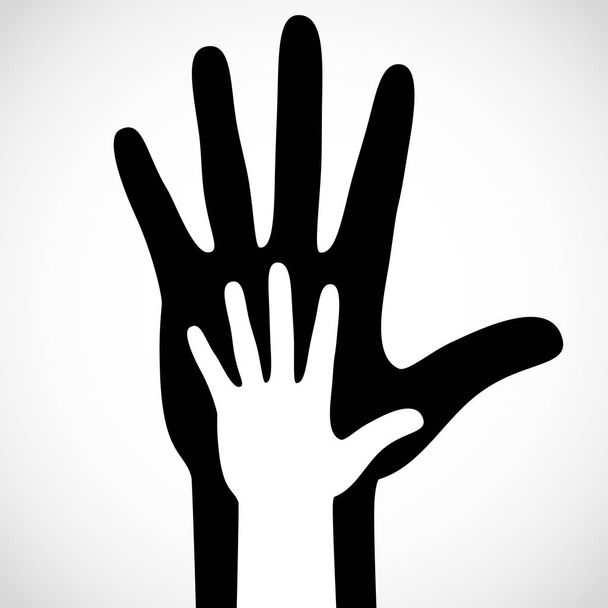Black color big hand and white small hand concept. Help symbol hands support emblem. - Вектор, зображення