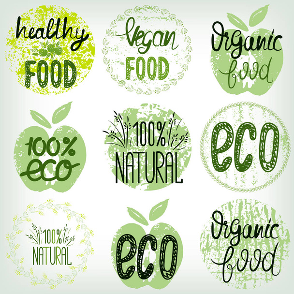 Set cibo sano, cibo ecologico, cibo biologico, 100% naturale. Modelli di texture disegnati a mano
 - Vettoriali, immagini