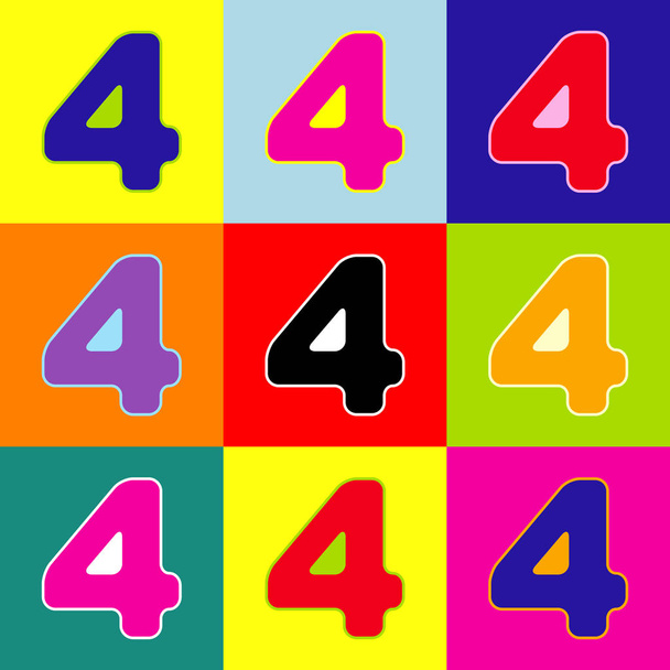 Σημάδι αριθμού 4 πρότυπο στοιχείο σχεδίου. Διάνυσμα. Πολύχρωμα εικονίδια σετ με 3 χρώματα σε στυλ Ποπ-Αρτ. - Διάνυσμα, εικόνα
