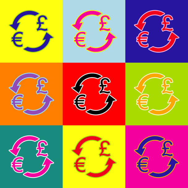 Znak wymiany waluty. Euro oraz Funt Wielkiej Brytanii. Wektor. Kolorowe ikony stylu pop-art zestaw z 3 kolory. - Wektor, obraz