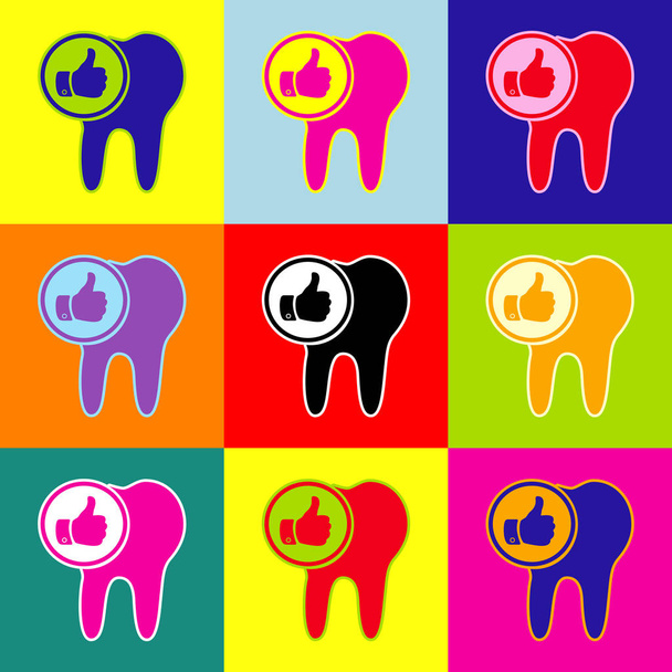 Sinal de dente com polegares para cima símbolo. Vector. Ícones coloridos de estilo pop-art com 3 cores
. - Vetor, Imagem