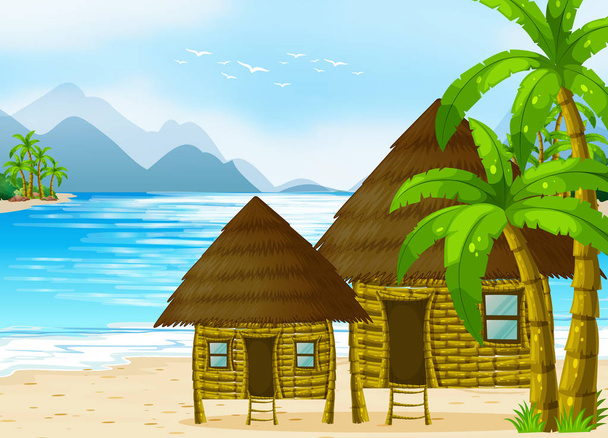 деревянные хижины на пляже - Вектор,изображение