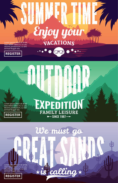 Vector summer, mountains and desert adventures banners - Vector, Image