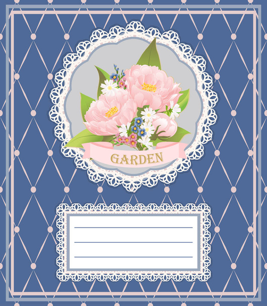 Pink peonies, daisies and forget-me-nots on a napkin with lace. - Vector, Image
