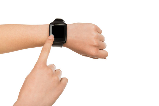 Mockup van hand dragen van slimme horloge, knipsel - Foto, afbeelding