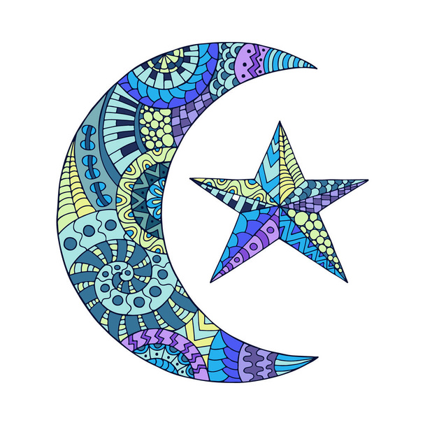 Luna nueva dibujada a mano y estrella para la página de coloración anti estrés. Pat.
 - Vector, Imagen