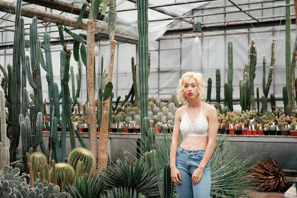 Portrait of blonde young woman between cactus and succulent plan - Фото, изображение