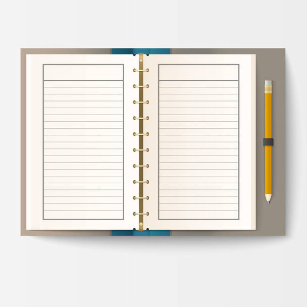 Open realistic notebook with pages diary office sheet template booklet and blank paper education copybook organizer vector illustration. - Вектор,изображение