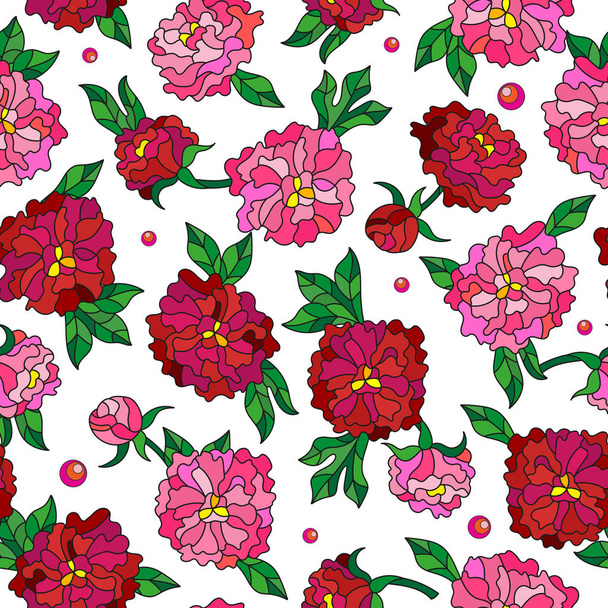 Seamless pattern with spring flowers in stained glass style, flowers, buds and leaves of  peonies on a light background - Vector, Image