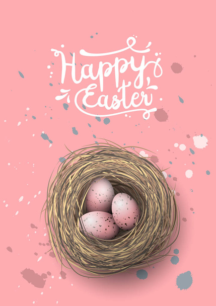 Nest with pink eggs on pink background, illustration - Вектор,изображение