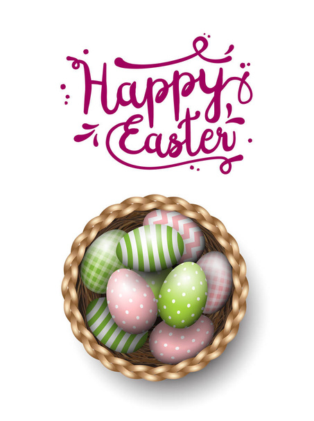 Basket with painted easter eggs on white background, illustration - Вектор,изображение