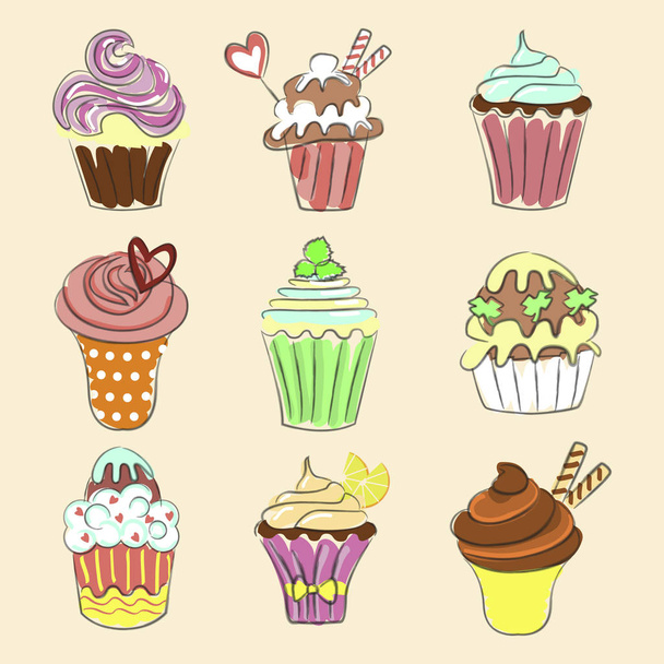 Collection of Hand drawn cupcakes - Vettoriali, immagini