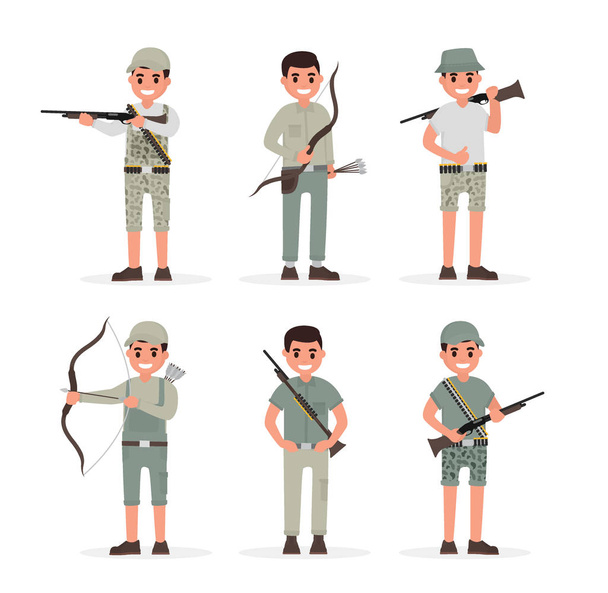 Avcı, avcı, hakem, forester ve archer öğeleri koleksiyonu silah ve çeşitli insan eylemleri ile. Düz stil vektör çizim - Vektör, Görsel