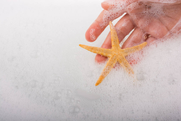Ruce drží hvězdice ve vodě pěnivých  - Fotografie, Obrázek
