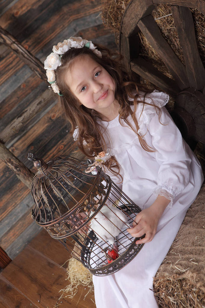 girl in a wreath holding a cage with a live white dove - Fotoğraf, Görsel