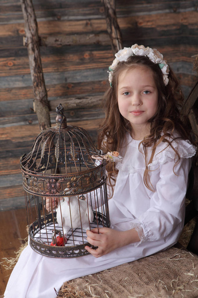 girl in a wreath holding a cage with a live white dove - Foto, Bild