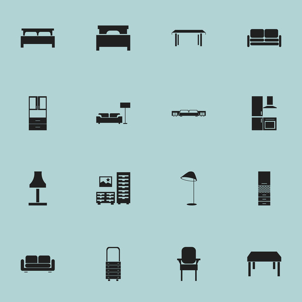 Conjunto de 16 iconos de muebles editables. Incluye símbolos como espejo de pared, cama, taburete y más. Puede ser utilizado para el diseño de la tela, móvil, interfaz de usuario e infografía
. - Vector, imagen