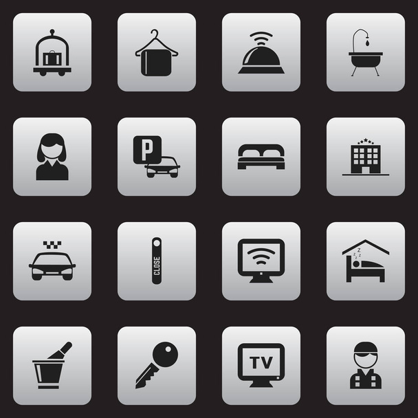 Set van 16 bewerkbare Hotel iconen. Bevat symbolen zoals Hotel Trolley, vrouw, deur gesloten en meer. Kan worden gebruikt voor Web, Mobile, Ui en Infographic Design. - Vector, afbeelding