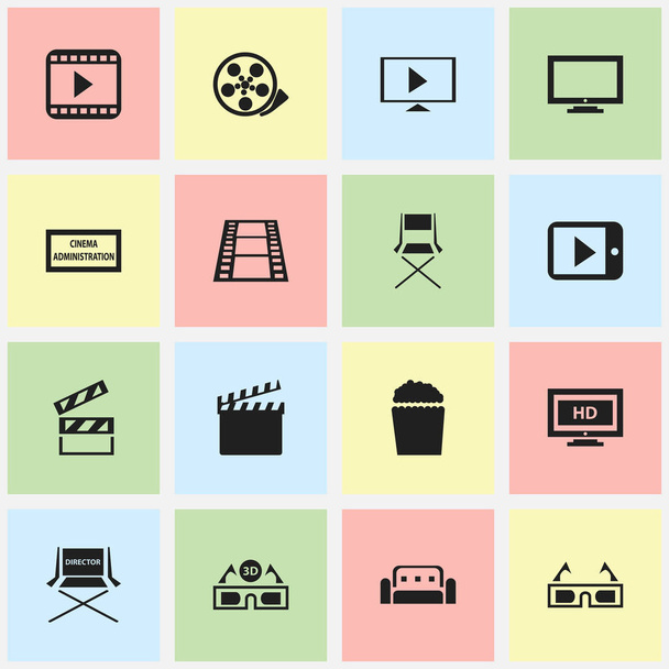 Set Of 16 Editable Cinema Icons. Includes Symbols Such As Shooting Seat, Camera Strip, Action And More. Can Be Used For Web, Mobile, UI And Infographic Design. - Vektor, kép