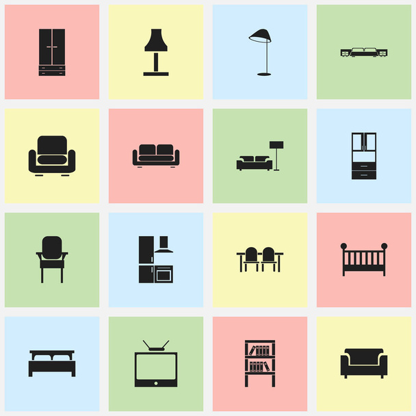 Conjunto de 16 iconos de muebles editables. Incluye símbolos como sofá, Glim, Reclinador y más. Puede ser utilizado para el diseño de la tela, móvil, interfaz de usuario e infografía
. - Vector, imagen