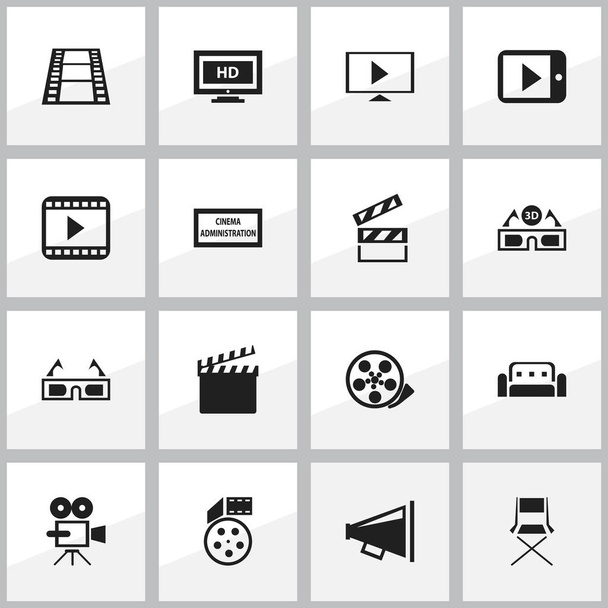 Conjunto de 16 iconos de filmación editables. Incluye símbolos tales como leva del registro, agencia de teatro, cinta y más. Puede ser utilizado para el diseño de la tela, móvil, interfaz de usuario e infografía
. - Vector, Imagen