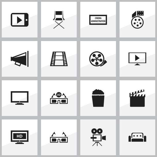 Set de 16 iconos de cine editables. Incluye símbolos como la cinta, la tira de la cámara, el vídeo de inicio y más. Puede ser utilizado para el diseño de la tela, móvil, interfaz de usuario e infografía
. - Vector, Imagen