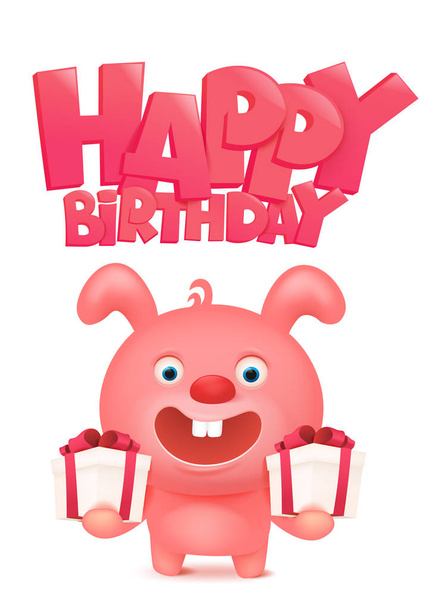 Pink Bunny cartoon character with gift box. Happy Birthday card - Διάνυσμα, εικόνα