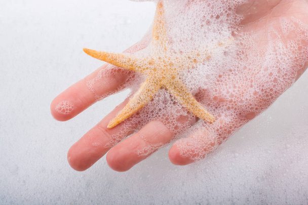 Mano sosteniendo estrellas de mar en agua espumosa
  - Foto, Imagen