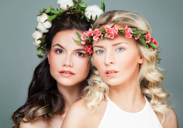 Beautiful Women Fashion Models in Flowers Wreath - Photo, Image