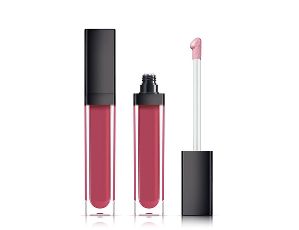Lip gloss in elegant glass bottle with black lid, closed and open container with brush, isolated on white background. Liquid lipstick. - Vector, afbeelding