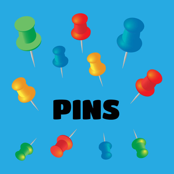 Push pins set. Stationery object, plastic element, tack and need - Vector, Image